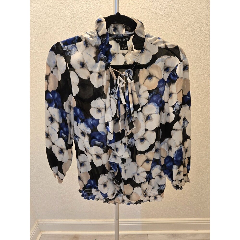 White House Black Market Floral Tie Neck Ruffle Chiffon Blouse Top Women Size M